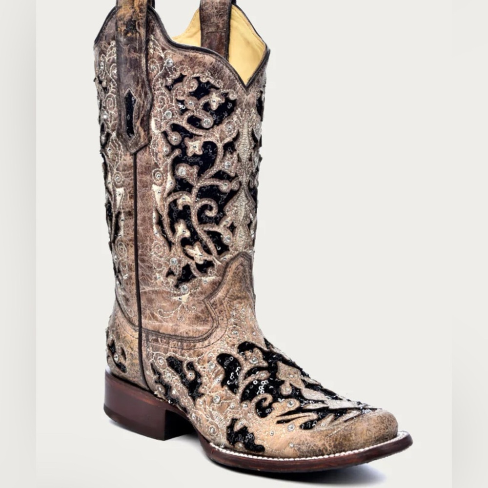 CORRAL EUC WOMEN'S BLACK SEQUIN INLAY/OVERLAY WITH CRYSTALS AND STUDS BOOTS 8.5